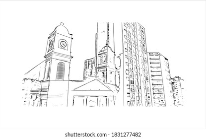 Building view with landmark of Bahia Blanca is a city in the southwest of the Argentina. Hand drawn sketch illustration in vector.