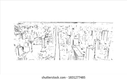 Building view with landmark of Bahia Blanca is a city in the southwest of the Argentina. Hand drawn sketch illustration in vector.