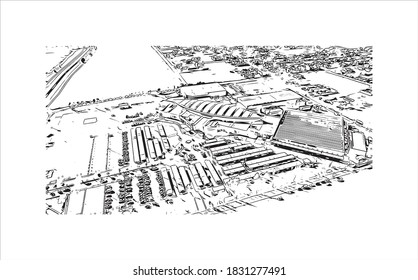 Building view with landmark of Bahia Blanca is a city in the southwest of the Argentina. Hand drawn sketch illustration in vector.