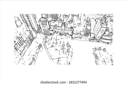 Building view with landmark of Bahia Blanca is a city in the southwest of the Argentina. Hand drawn sketch illustration in vector.