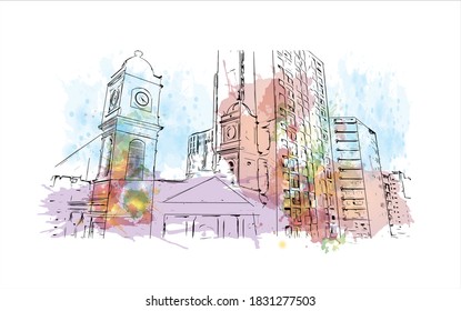 Building view with landmark of Bahia Blanca is a city in the southwest of the Argentina. Watercolor splash with hand drawn sketch illustration in vector.