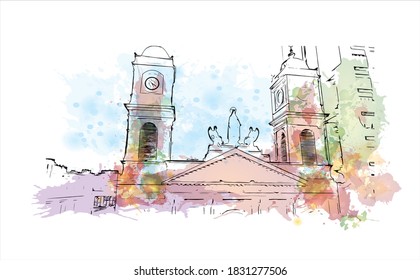 Building view with landmark of Bahia Blanca is a city in the southwest of the Argentina. Watercolor splash with hand drawn sketch illustration in vector.