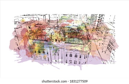 Building view with landmark of Bahia Blanca is a city in the southwest of the Argentina. Watercolor splash with hand drawn sketch illustration in vector.