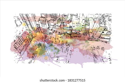 Building view with landmark of Bahia Blanca is a city in the southwest of the Argentina. Watercolor splash with hand drawn sketch illustration in vector.