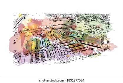 Building view with landmark of Bahia Blanca is a city in the southwest of the Argentina. Watercolor splash with hand drawn sketch illustration in vector.