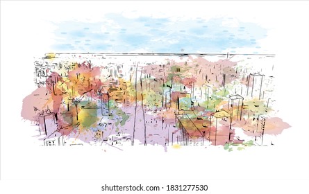 Building view with landmark of Bahia Blanca is a city in the southwest of the Argentina. Watercolor splash with hand drawn sketch illustration in vector.