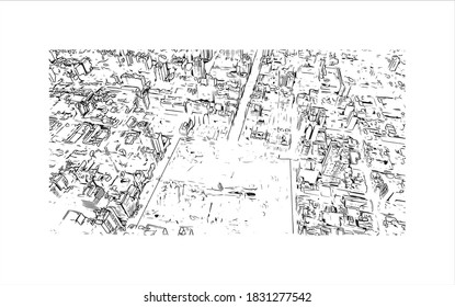 Building view with landmark of Bahia Blanca is a city in the southwest of the Argentina. Hand drawn sketch illustration in vector.