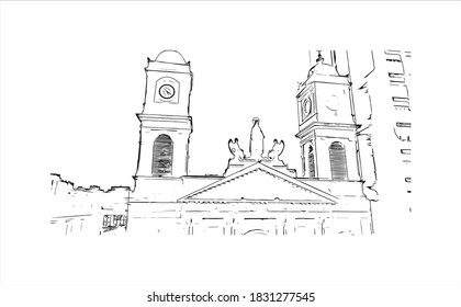 Building view with landmark of Bahia Blanca is a city in the southwest of the Argentina. Hand drawn sketch illustration in vector.