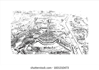 Building view with landmark of Bahir Dar is the capital city of the Amhara region in northern Ethiopia. Hand drawn sketch illustration in vector.