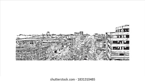 Building view with landmark of Bahir Dar is the capital city of the Amhara region in northern Ethiopia. Hand drawn sketch illustration in vector.