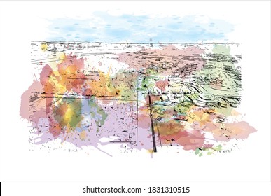 Building view with landmark of Bahir Dar is the capital city of the Amhara region in northern Ethiopia. Watercolor splash with hand drawn sketch illustration in vector.