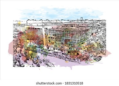 Building view with landmark of Bahir Dar is the capital city of the Amhara region in northern Ethiopia. Watercolor splash with hand drawn sketch illustration in vector.