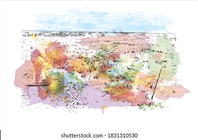 Building view with landmark of Bahir Dar is the capital city of the Amhara region in northern Ethiopia. Watercolor splash with hand drawn sketch illustration in vector.