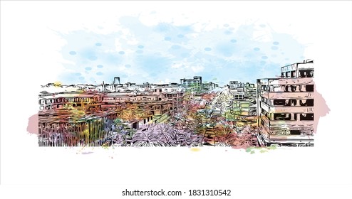 Building view with landmark of Bahir Dar is the capital city of the Amhara region in northern Ethiopia. Watercolor splash with hand drawn sketch illustration in vector.