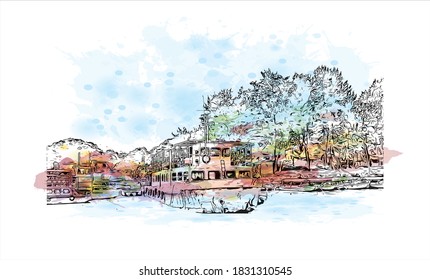 Building view with landmark of Bahir Dar is the capital city of the Amhara region in northern Ethiopia. Watercolor splash with hand drawn sketch illustration in vector.