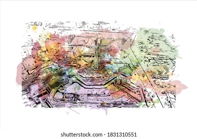 Building view with landmark of Bahir Dar is the capital city of the Amhara region in northern Ethiopia. Watercolor splash with hand drawn sketch illustration in vector.