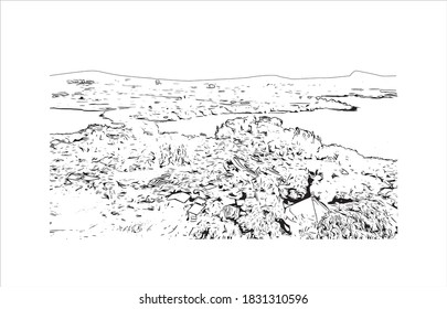 Building view with landmark of Bahir Dar is the capital city of the Amhara region in northern Ethiopia. Hand drawn sketch illustration in vector.