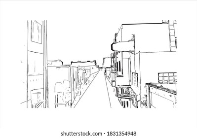 Building view with landmark of Bakersfield is a large city in the United States. Hand drawn sketch illustration in vector.