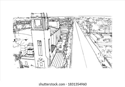 Building view with landmark of Bakersfield is a large city in the United States. Hand drawn sketch illustration in vector.