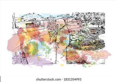 Building view with landmark of Bakersfield is a large city in the United States. Watercolor splash with hand drawn sketch illustration in vector.
