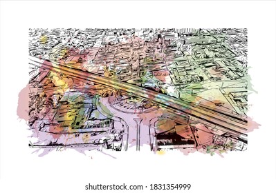 Building view with landmark of Bakersfield is a large city in the United States. Watercolor splash with hand drawn sketch illustration in vector.