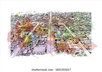 Building view with landmark of Bakersfield is a large city in the United States. Watercolor splash with hand drawn sketch illustration in vector.