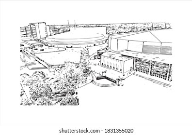 Building view with landmark of Bakersfield is a large city in the United States. Hand drawn sketch illustration in vector.