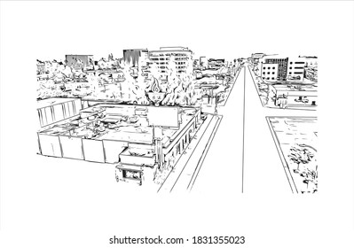 Building view with landmark of Bakersfield is a large city in the United States. Hand drawn sketch illustration in vector.