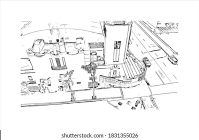 Building view with landmark of Bakersfield is a large city in the United States. Hand drawn sketch illustration in vector.