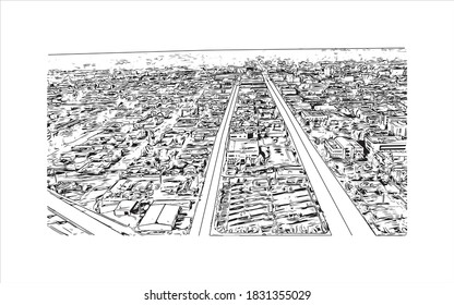Building view with landmark of Bakersfield is a large city in the United States. Hand drawn sketch illustration in vector.