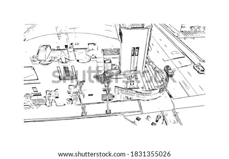 Building view with landmark of Bakersfield is a large city in the United States. Hand drawn sketch illustration in vector.