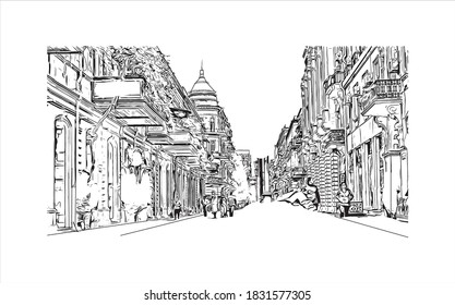 Building view with landmark of Baku is the capital and largest city of Azerbaijan. Hand drawn sketch illustration in vector.