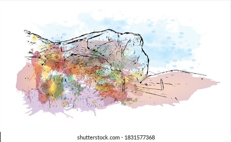Building view with landmark of Baku is the capital and largest city of Azerbaijan. Watercolor splash with hand drawn sketch illustration in vector.