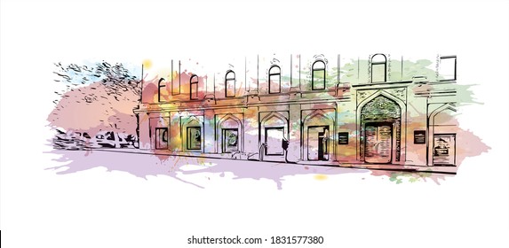 Building view with landmark of Baku is the capital and largest city of Azerbaijan. Watercolor splash with hand drawn sketch illustration in vector.