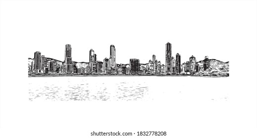 Building view with landmark of Balneario Camboriu is a major beach resort city in the Brazilian southern state of Santa Catarina. Hand drawn sketch illustration in vector.