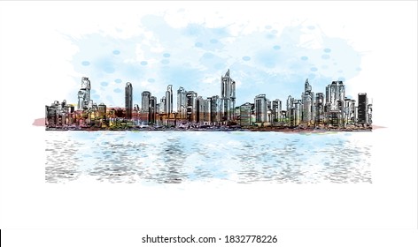 Building view with landmark of Balneario Camboriu is a major beach resort city in the Brazilian southern state of Santa Catarina. Watercolor splash with hand drawn sketch illustration in vector.