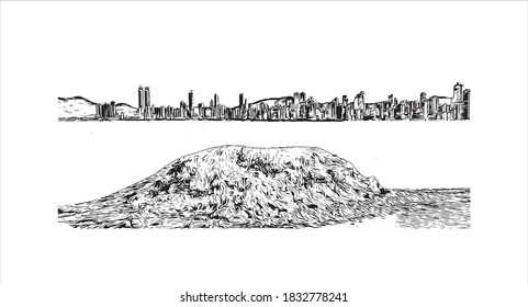 Building view with landmark of Balneario Camboriu is a major beach resort city in the Brazilian southern state of Santa Catarina. Hand drawn sketch illustration in vector.