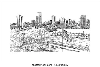 Building view with landmark of Baltimore is the most populous city in the U.S. state of Maryland. Hand drawn sketch illustration on vector.