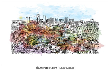 Building view with landmark of Baltimore is the most populous city in the U.S. state of Maryland. Watercolor splash with hand drawn sketch illustration on vector.