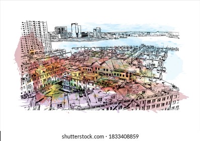 Building view with landmark of Baltimore is the most populous city in the U.S. state of Maryland. Watercolor splash with hand drawn sketch illustration on vector.