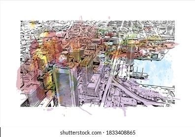 Building view with landmark of Baltimore is the most populous city in the U.S. state of Maryland. Watercolor splash with hand drawn sketch illustration on vector.