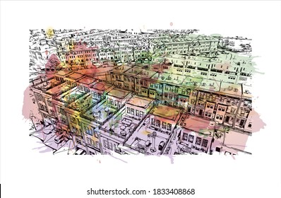 Construir vistas con monumentos de Baltimore es la ciudad más poblada del estado de Maryland en Estados Unidos. salpicadura acuarela con ilustración de esbozo dibujada a mano sobre el vector.