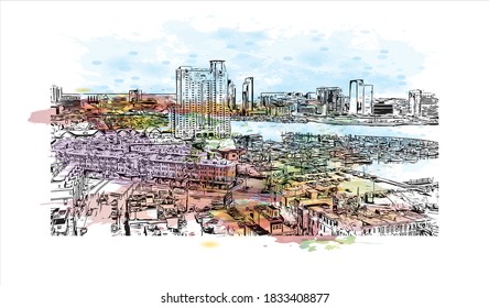 Die Bausicht mit Wahrzeichen von Baltimore ist die bevölkerungsreichste Stadt im US-Bundesstaat Maryland. Aquarellspritzer mit handgezeichneter Skizzengrafik auf Vektorgrafik.