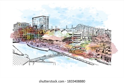 Building view with landmark of Baltimore is the most populous city in the U.S. state of Maryland. Watercolor splash with hand drawn sketch illustration on vector.