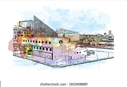 Building view with landmark of Baltimore is the most populous city in the U.S. state of Maryland. Watercolor splash with hand drawn sketch illustration on vector.