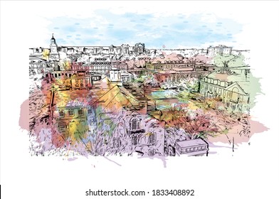 Die Bausicht mit Wahrzeichen von Baltimore ist die bevölkerungsreichste Stadt im US-Bundesstaat Maryland. Aquarellspritzer mit handgezeichneter Skizzengrafik auf Vektorgrafik.