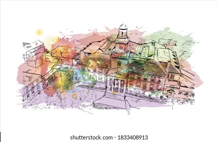 Building view with landmark of Baltimore is the most populous city in the U.S. state of Maryland. Watercolor splash with hand drawn sketch illustration on vector.