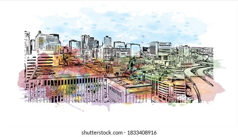 Building view with landmark of Baltimore is the most populous city in the U.S. state of Maryland. Watercolor splash with hand drawn sketch illustration on vector.