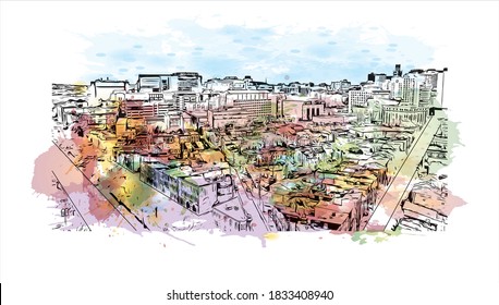 Building view with landmark of Baltimore is the most populous city in the U.S. state of Maryland. Watercolor splash with hand drawn sketch illustration on vector.