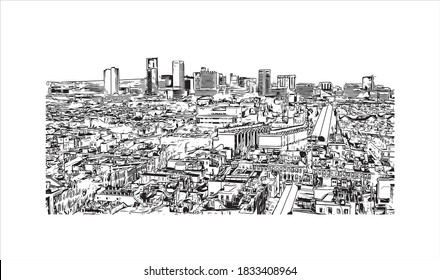 Building view with landmark of Baltimore is the most populous city in the U.S. state of Maryland. Hand drawn sketch illustration on vector.